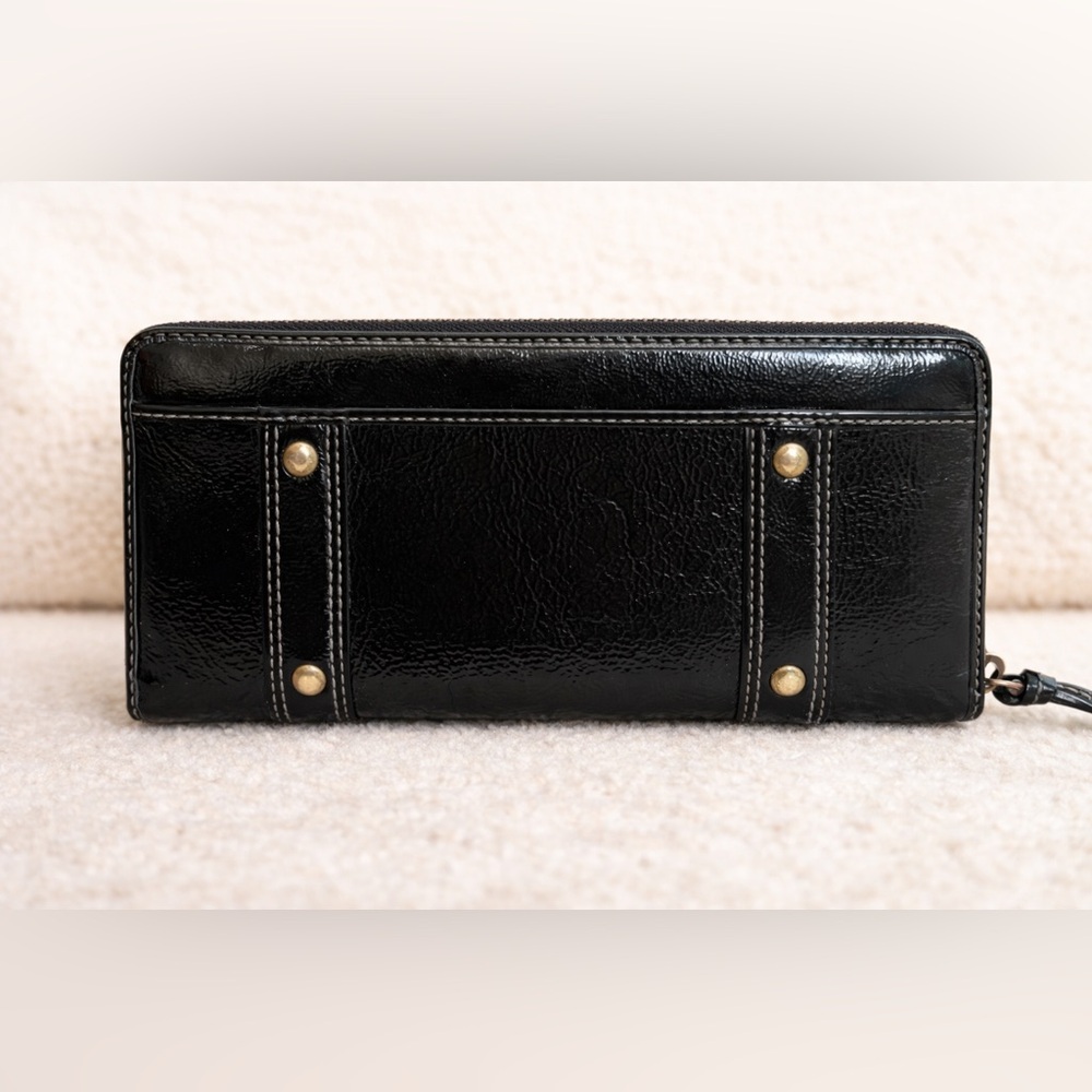 Coach Black Patent Leather Zip-Around Wallet with Brass Buckle Accents - Picture 2 of 8